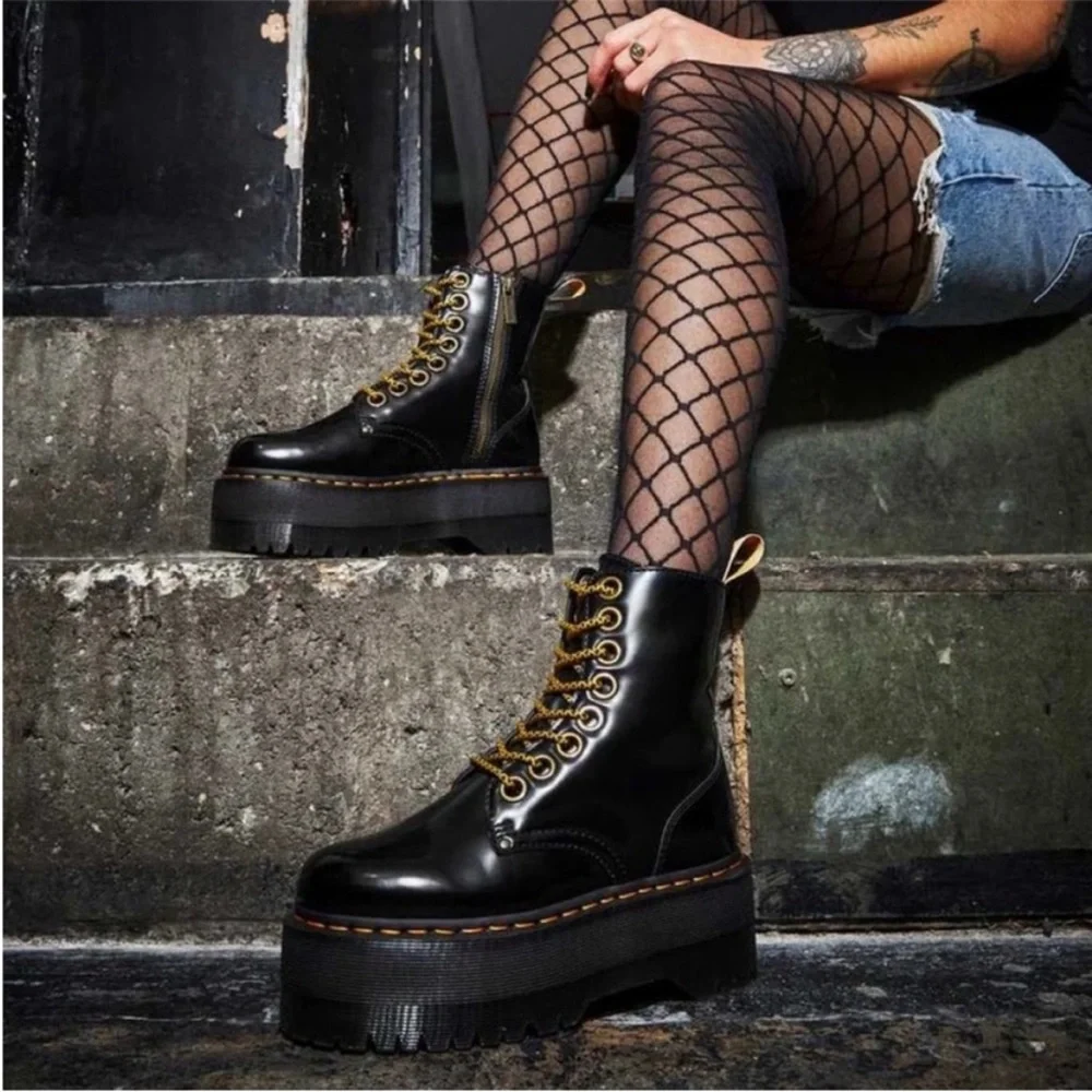 Dr. Martens Black Leather Platform Combat Boots with Yellow Accents - Picture 12 of 13